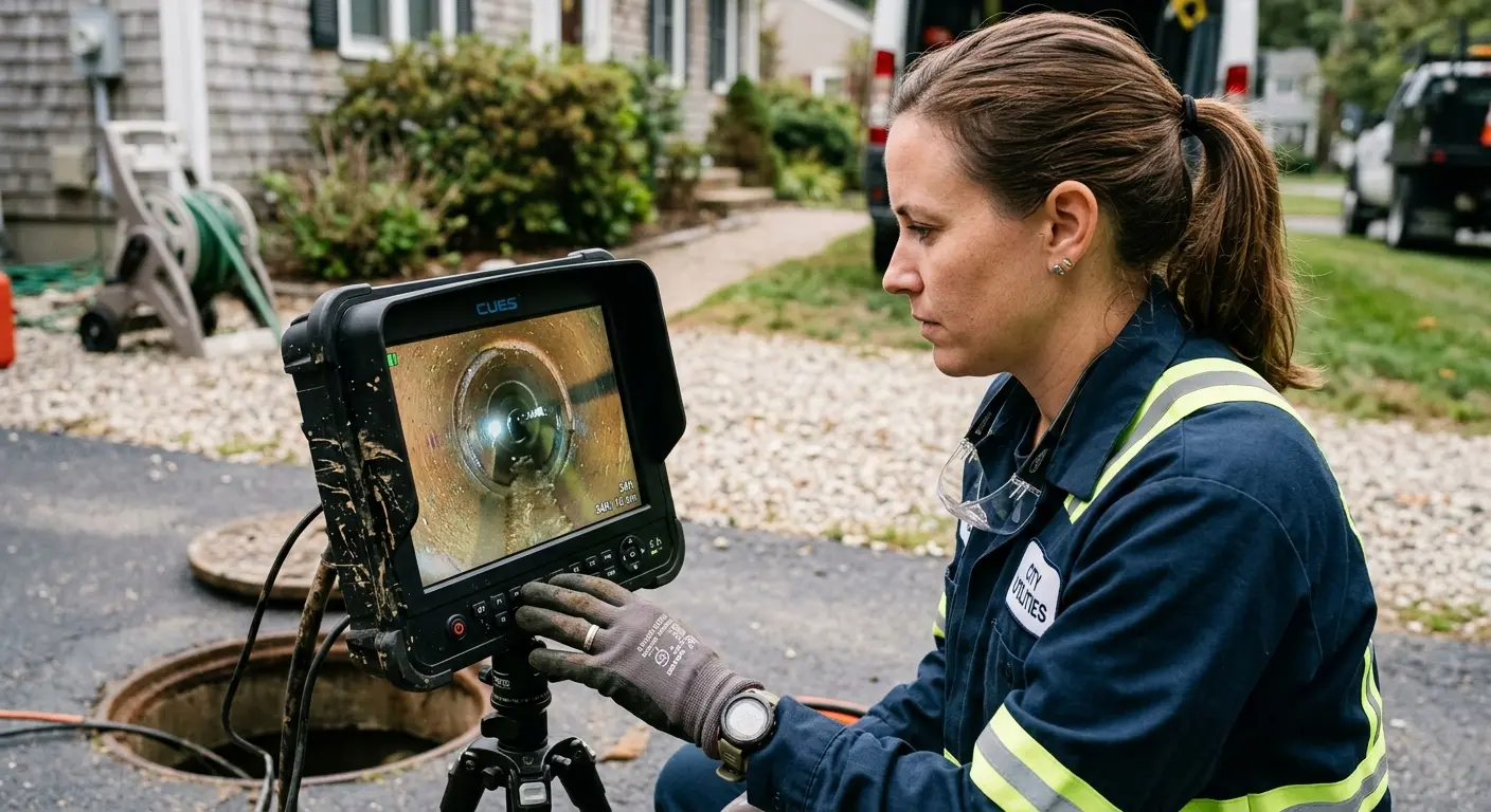 Technician reviewing sewer camera inspection footage in Ontario