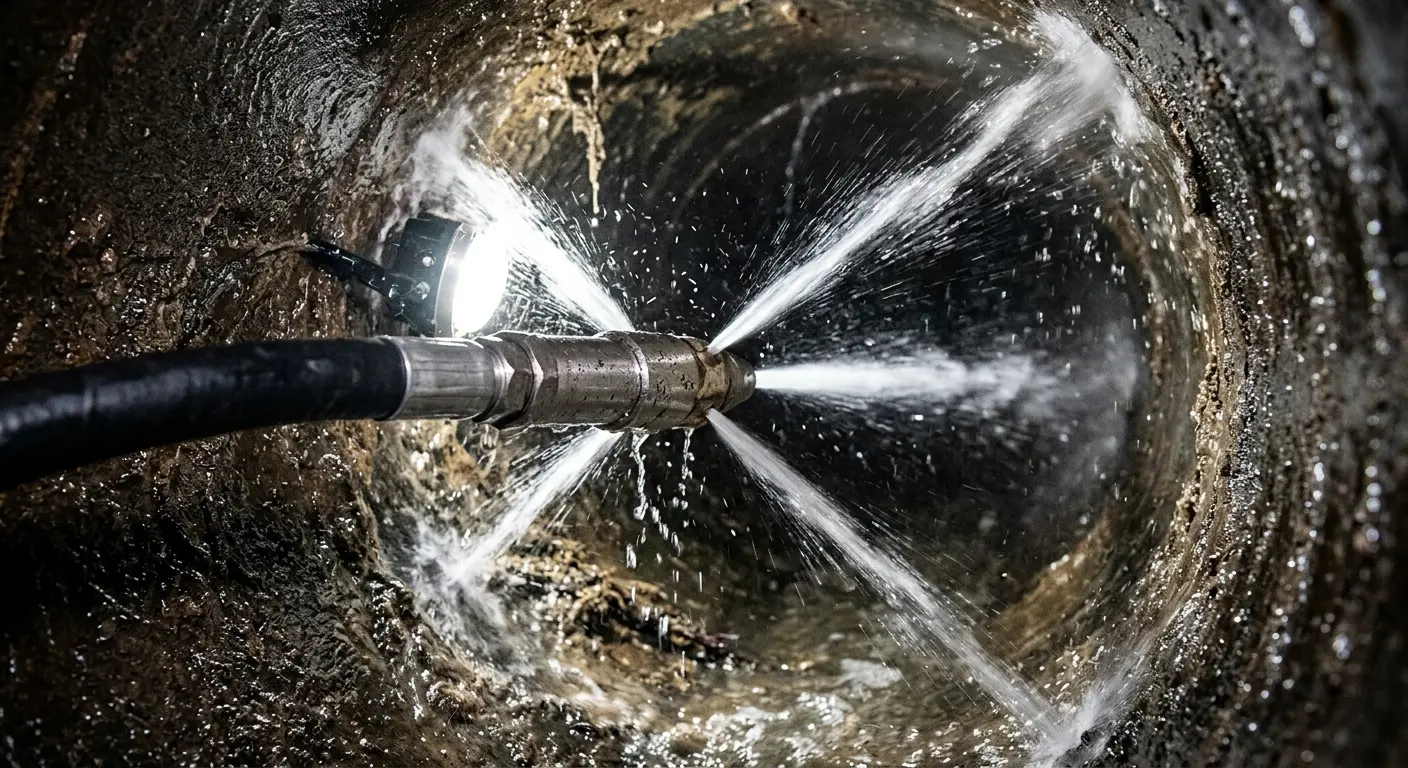 High-pressure hydro jetting nozzle cleaning sewer pipe for Trenchless Sewer Repair in Ontario