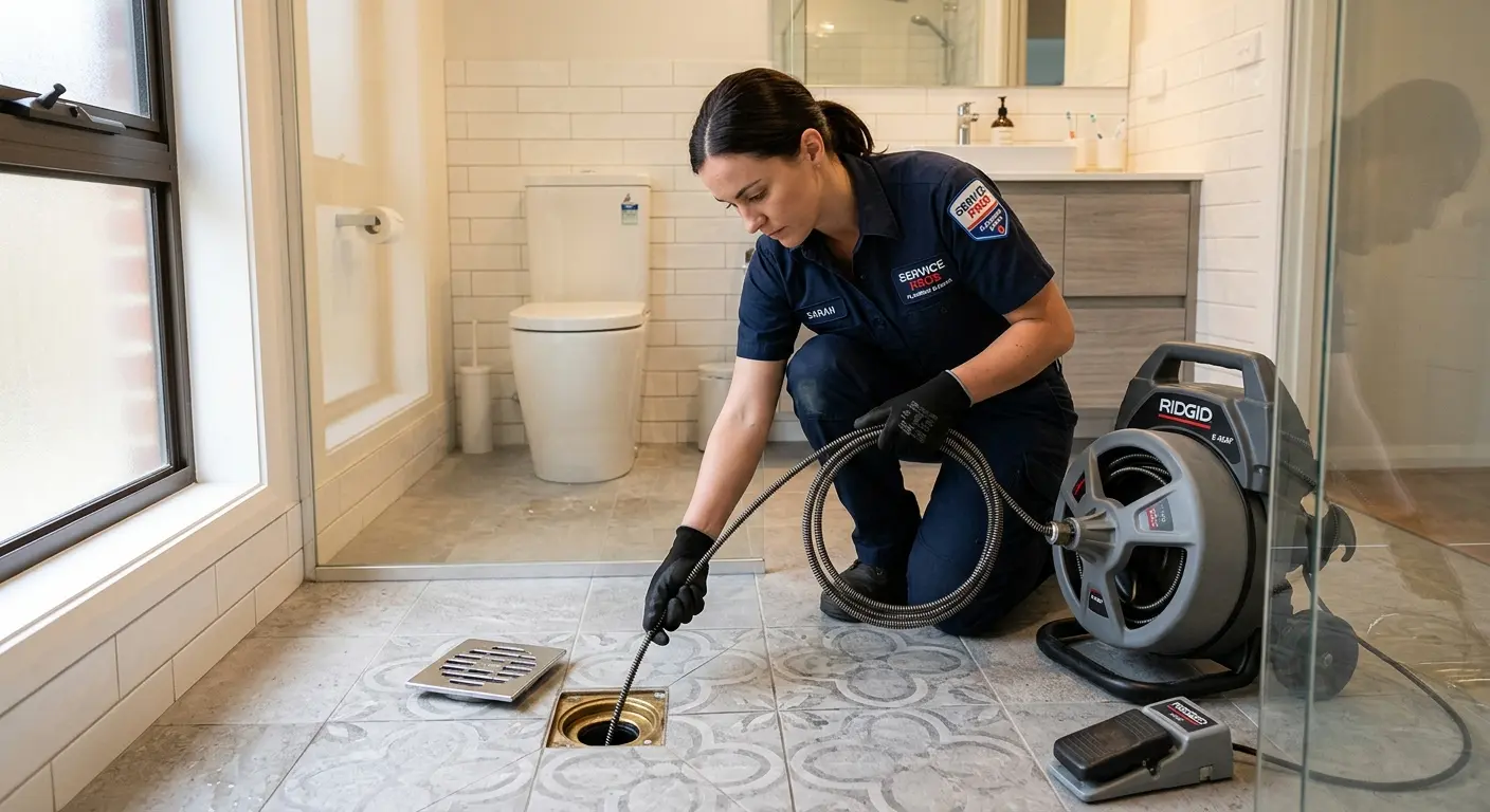 Technician clearing a bathroom floor drain for Sewer Line Replacement in Ontario